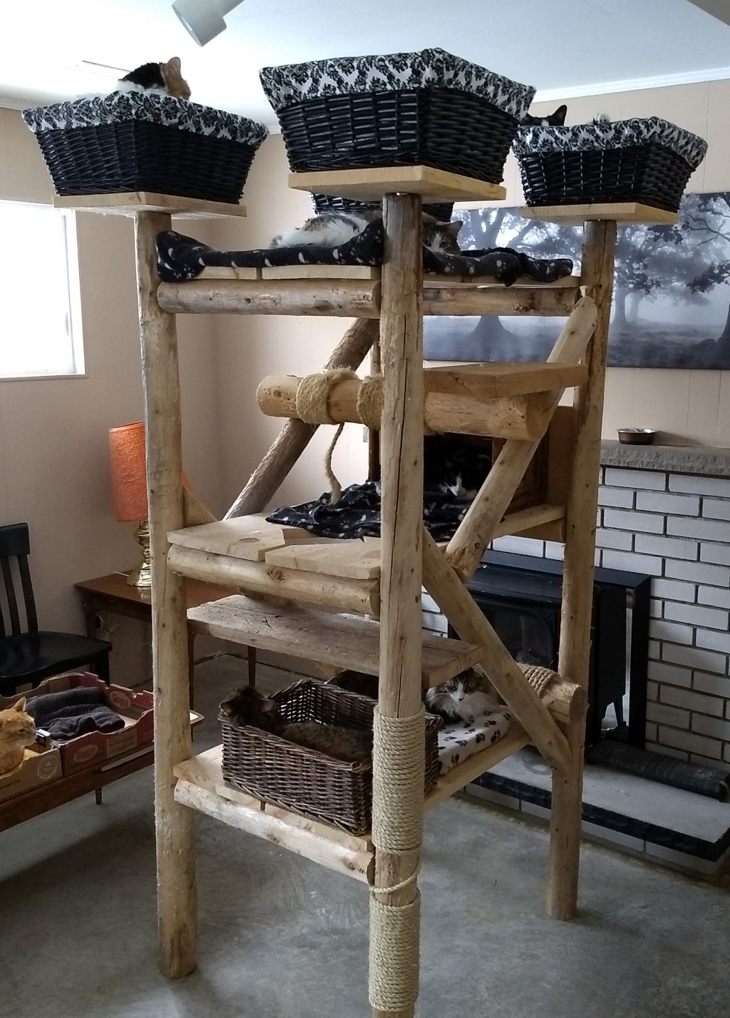wicker baskets on homemade cat tree