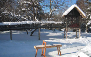 Picture of home-made cedar cat pen in winter